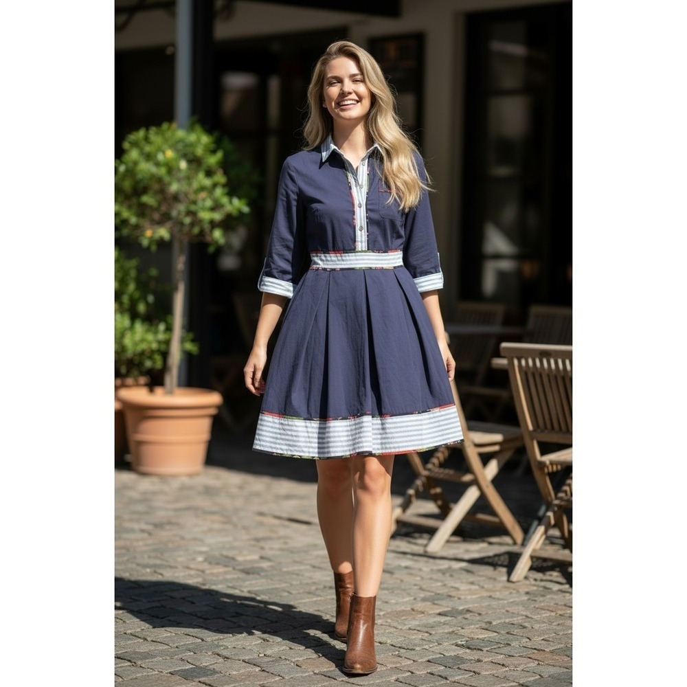 VTG Navy Blue Pleated Shirt Dress Striped Floral Trim Cowgirl Cottagecore